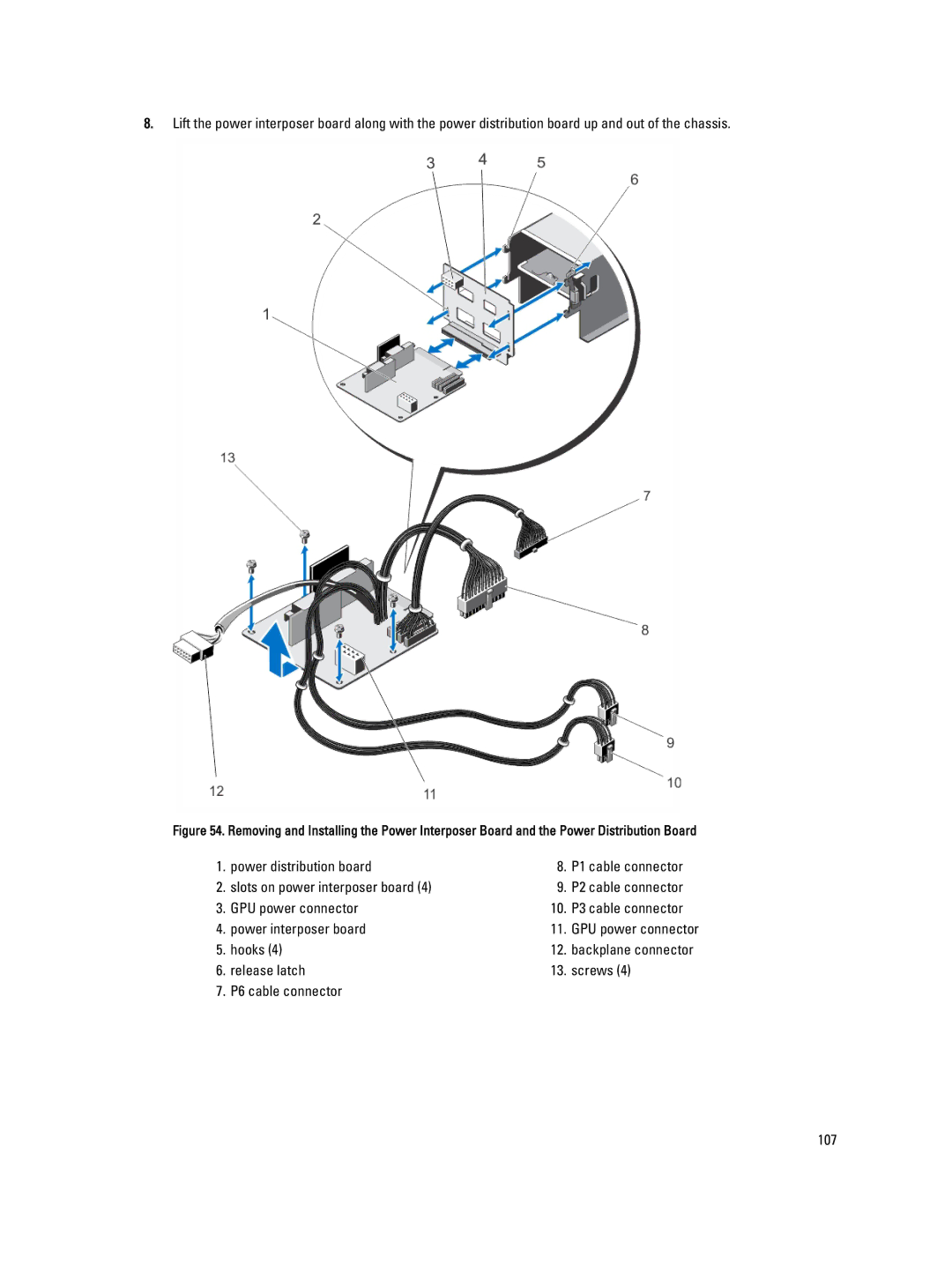 Dell T320 owner manual Release latch Screws P6 cable connector 107 