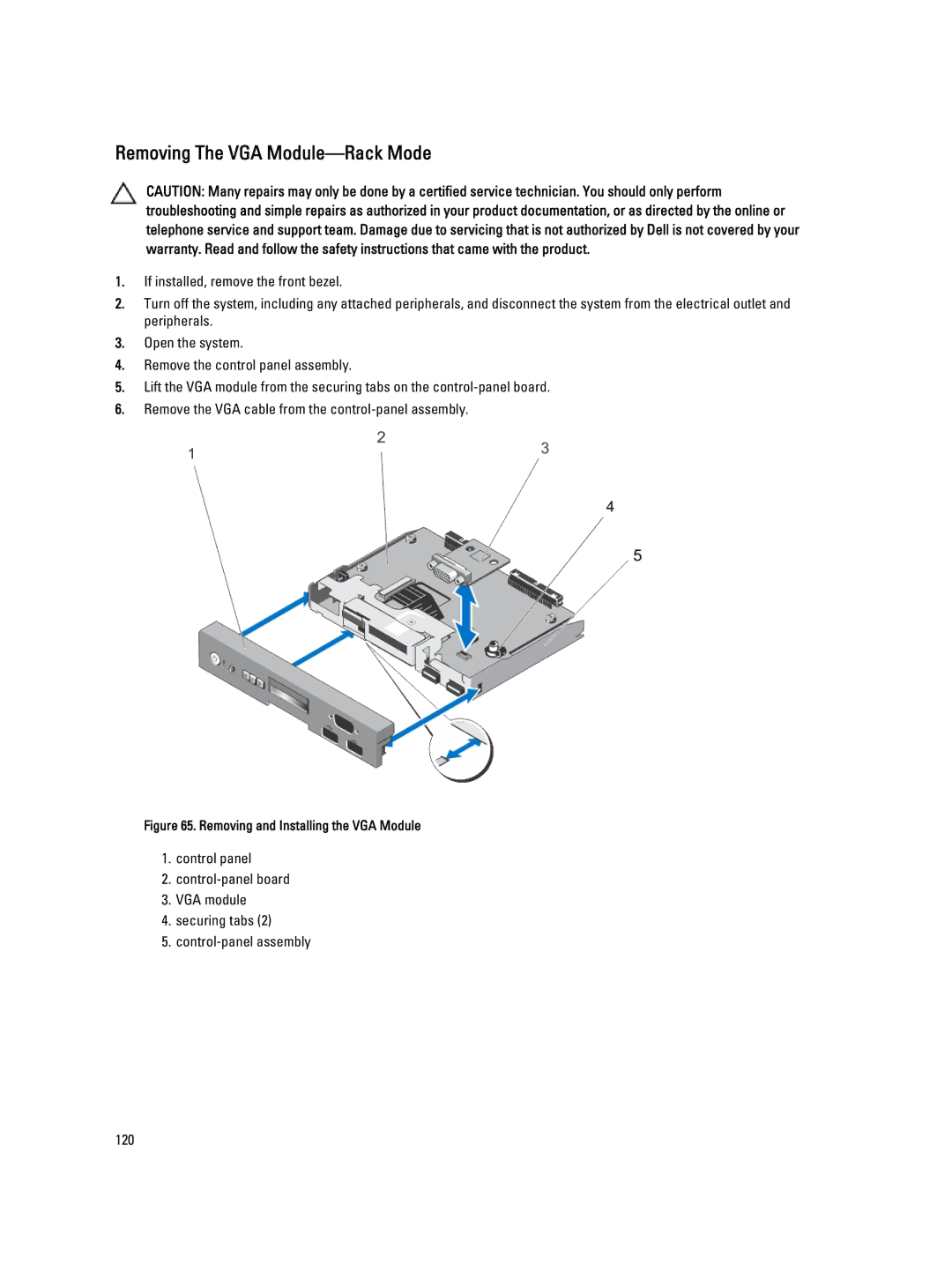 Dell T320 owner manual Removing The VGA Module-Rack Mode, Removing and Installing the VGA Module 