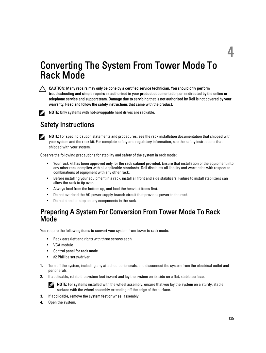 Dell T320 owner manual Converting The System From Tower Mode To Rack Mode, Safety Instructions 