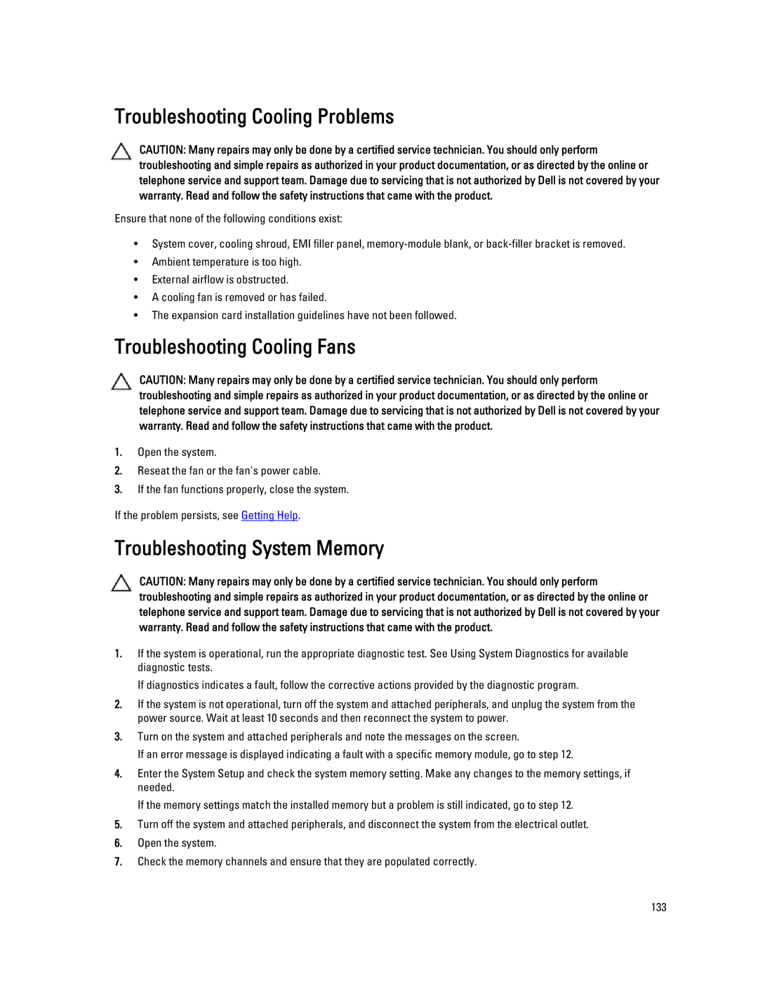 Dell T320 owner manual Troubleshooting Cooling Problems, Troubleshooting Cooling Fans, Troubleshooting System Memory 