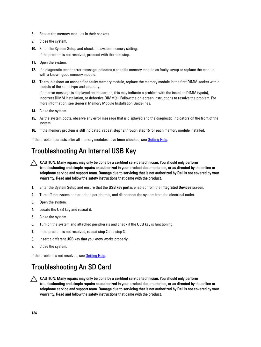 Dell T320 owner manual Troubleshooting An Internal USB Key, Troubleshooting An SD Card 