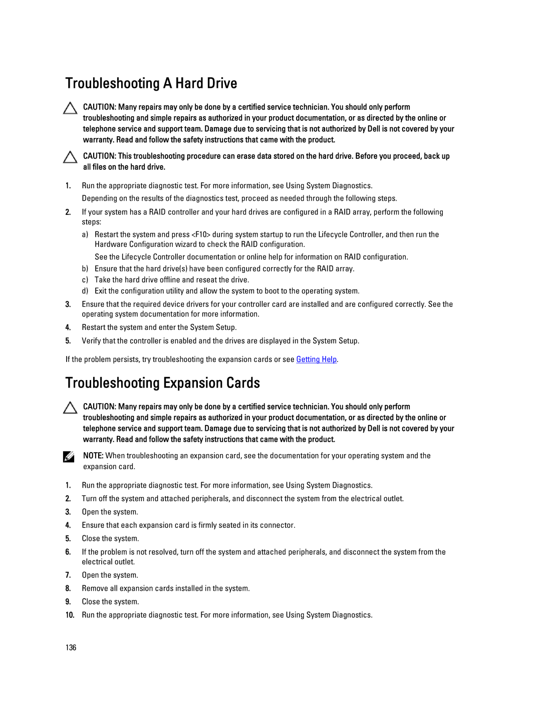 Dell T320 owner manual Troubleshooting a Hard Drive, Troubleshooting Expansion Cards 