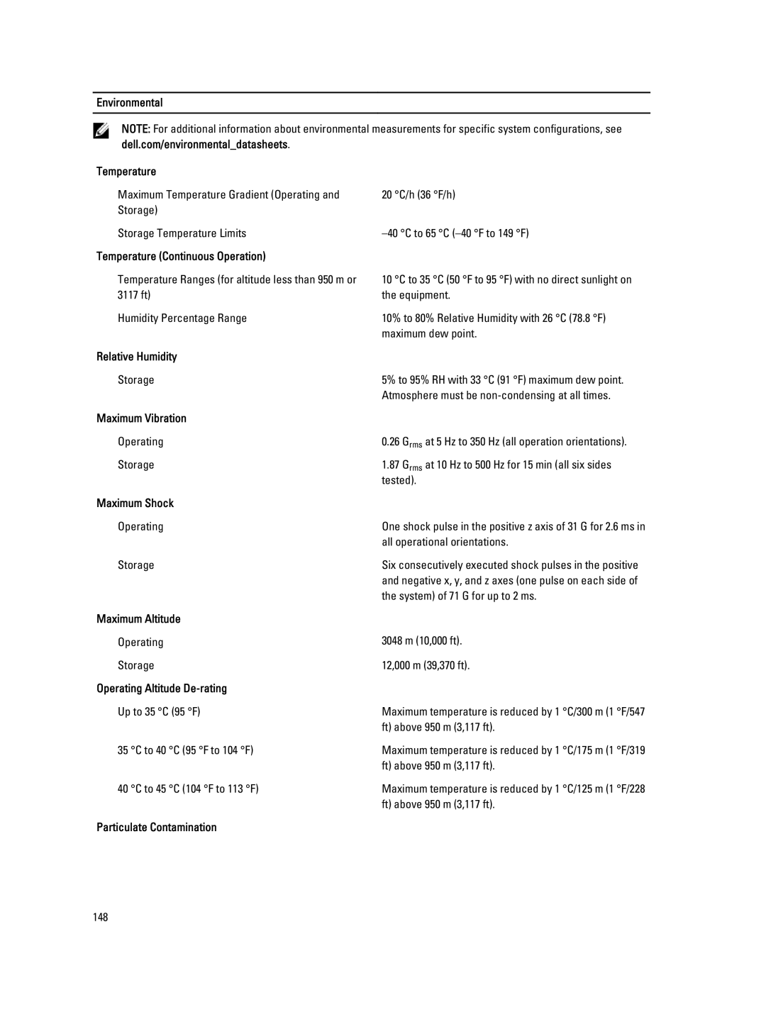 Dell T320 Environmental Temperature, Temperature Continuous Operation, Relative Humidity, Maximum Vibration, Maximum Shock 