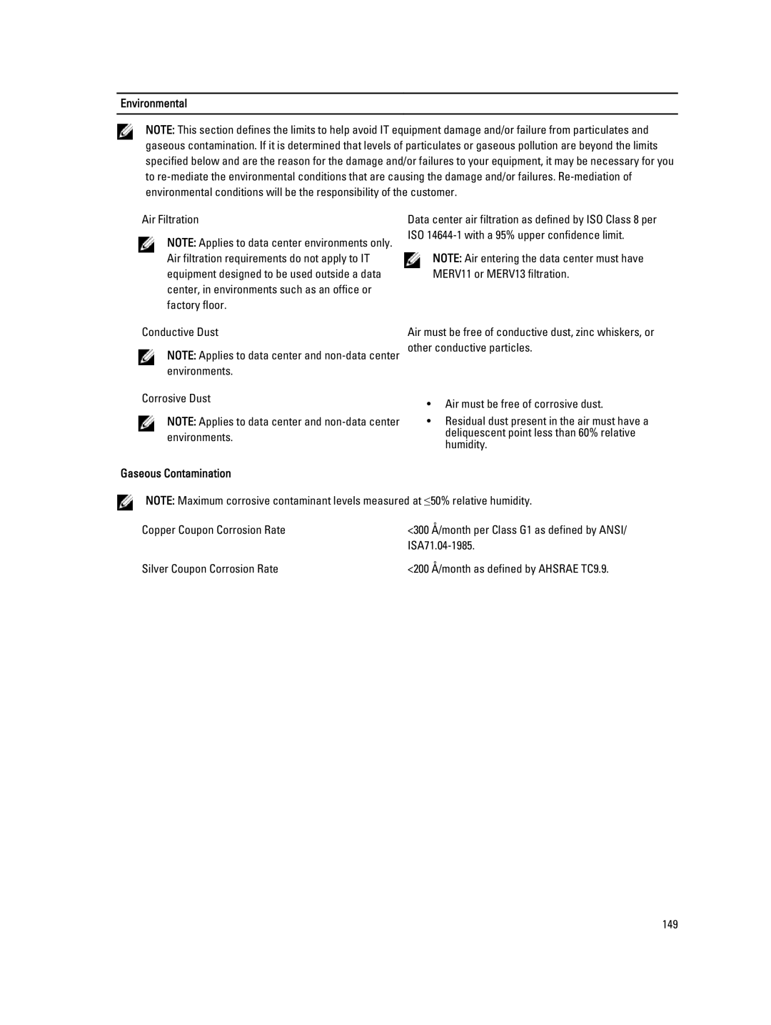 Dell T320 owner manual Environmental, Gaseous Contamination 