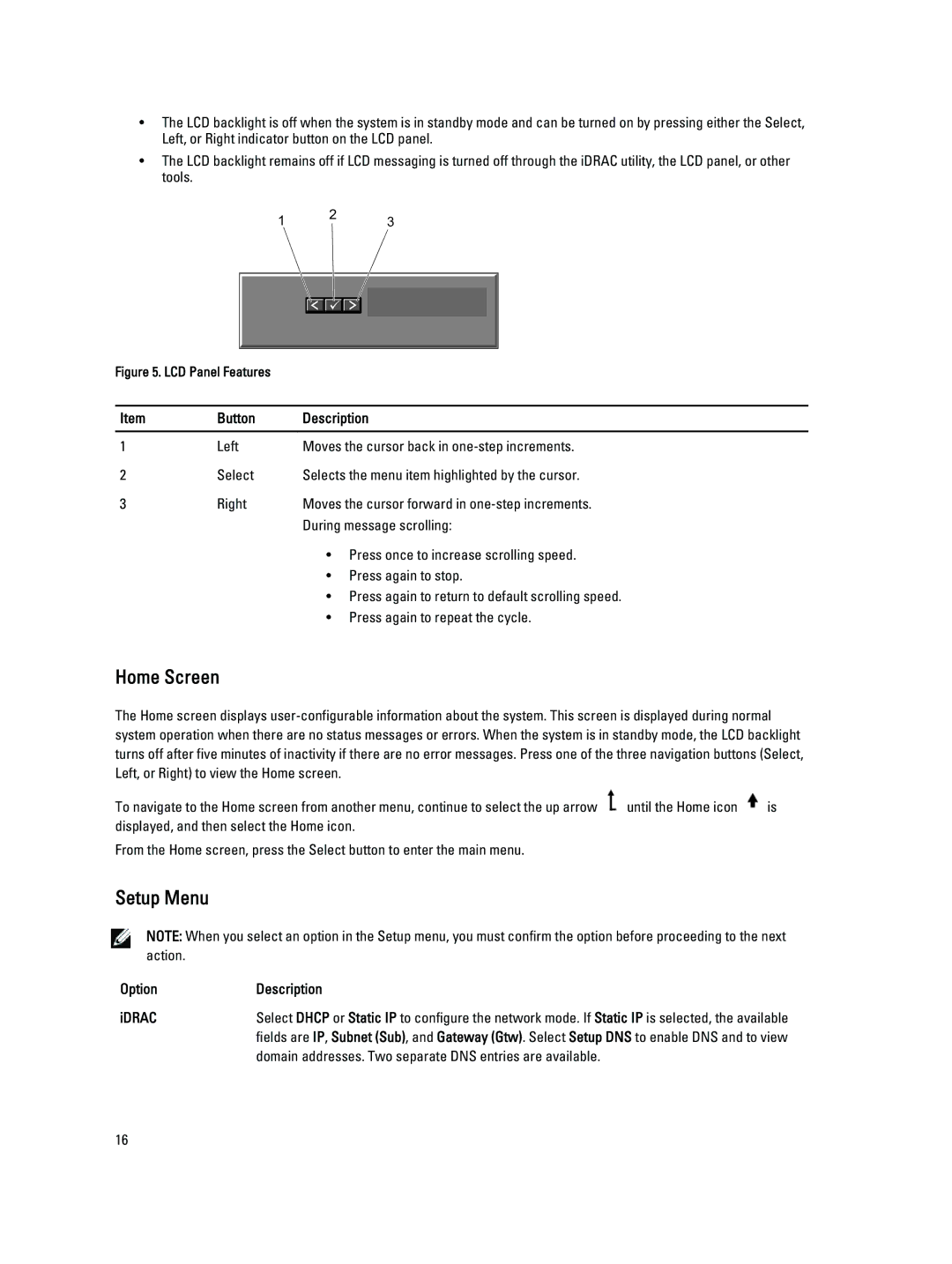 Dell T320 owner manual Home Screen, Setup Menu, Button Description, Option Description IDRAC 