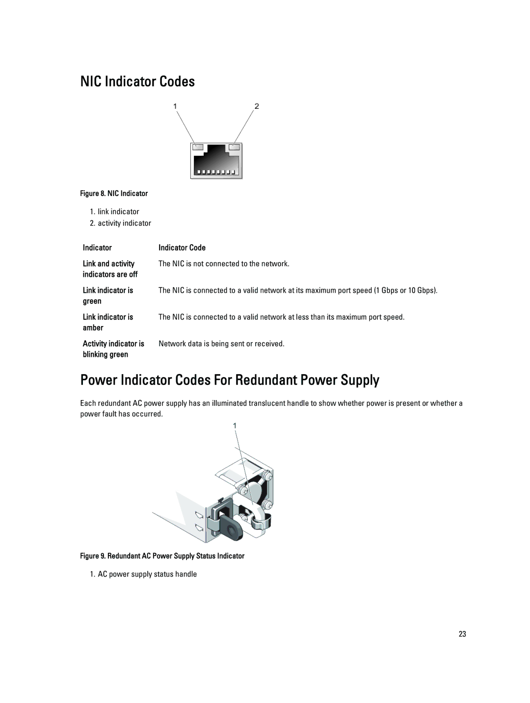 Dell T320 owner manual NIC Indicator Codes, Power Indicator Codes For Redundant Power Supply, Green Link indicator is 