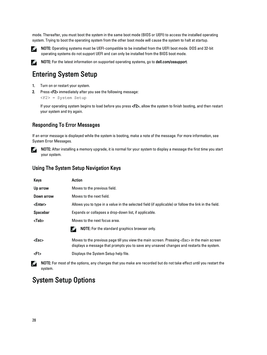 Dell T320 Entering System Setup, System Setup Options, Responding To Error Messages, Displays the System Setup help file 