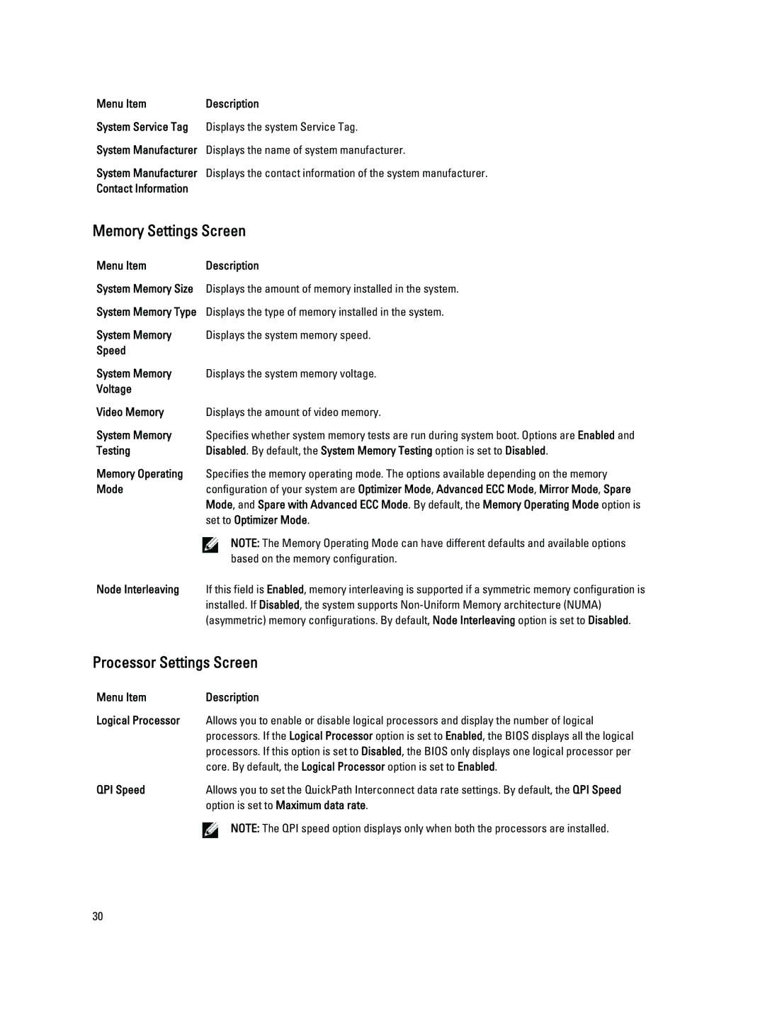 Dell T320 owner manual Memory Settings Screen, Processor Settings Screen 