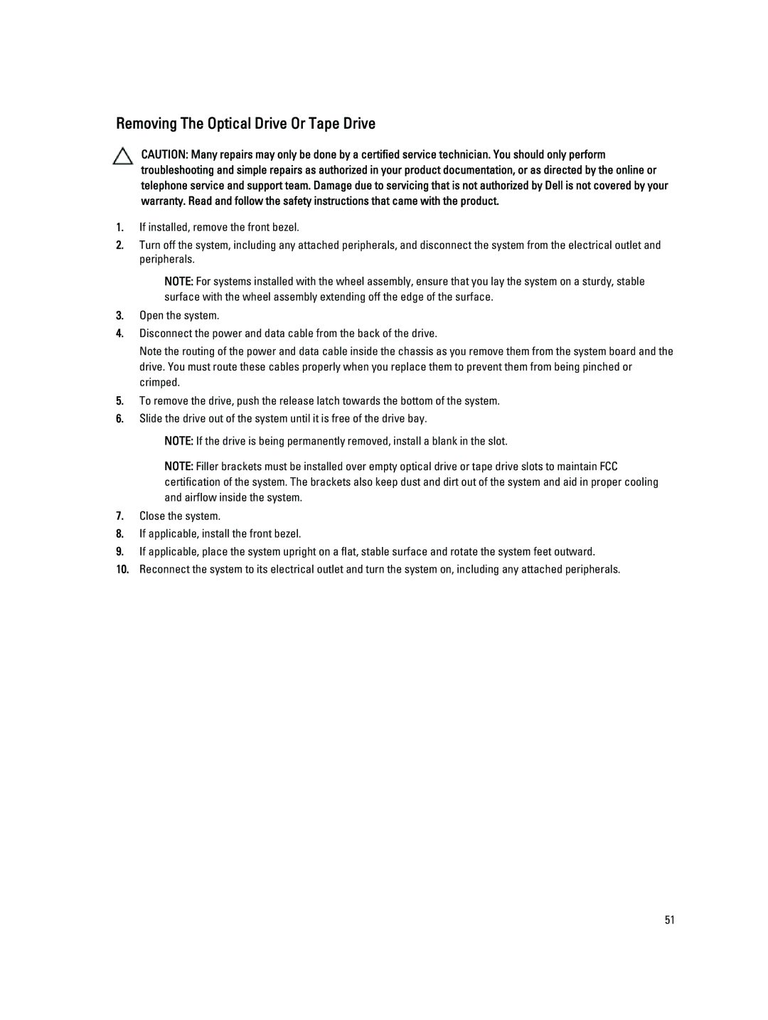 Dell T320 owner manual Removing The Optical Drive Or Tape Drive 