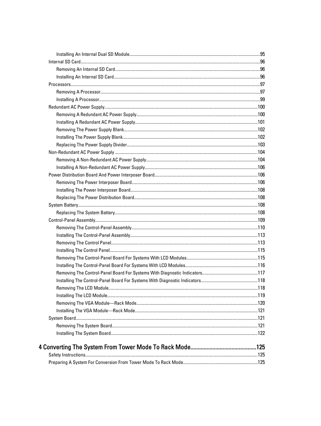 Dell T320 owner manual 125, Converting The System From Tower Mode To Rack Mode 