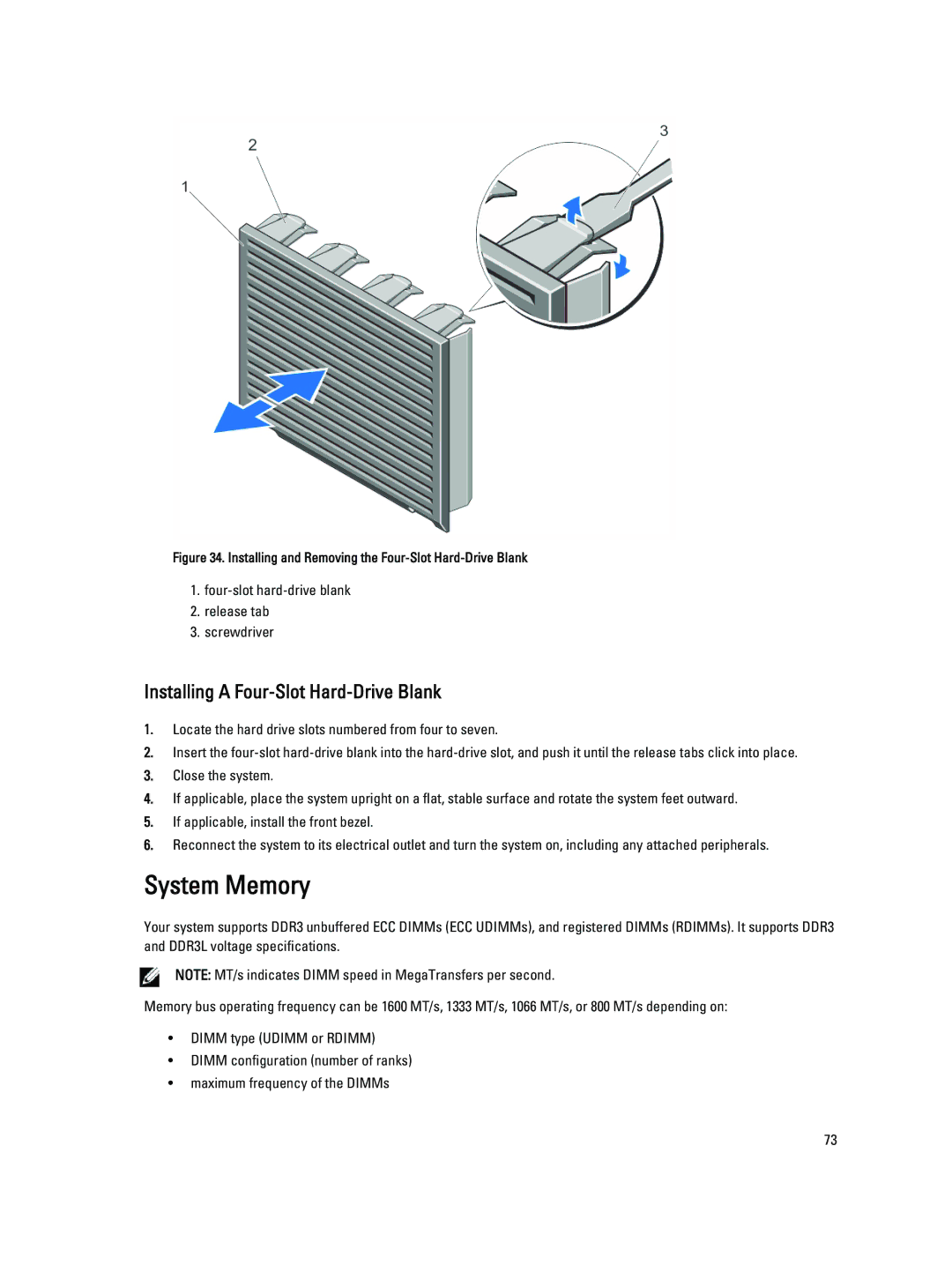 Dell T320 owner manual System Memory, Installing a Four-Slot Hard-Drive Blank 