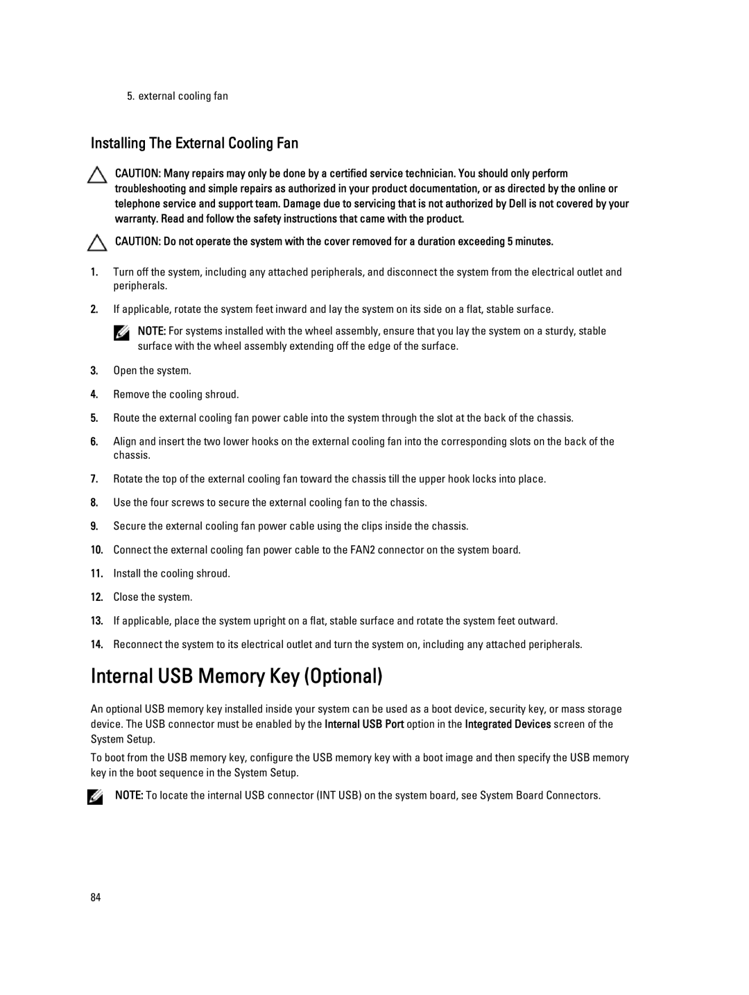 Dell T320 owner manual Internal USB Memory Key Optional, Installing The External Cooling Fan 