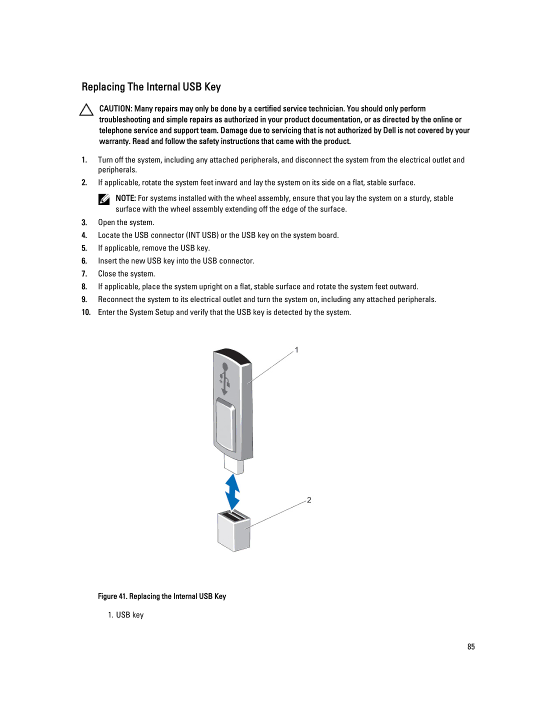 Dell T320 owner manual Replacing The Internal USB Key, Replacing the Internal USB Key 