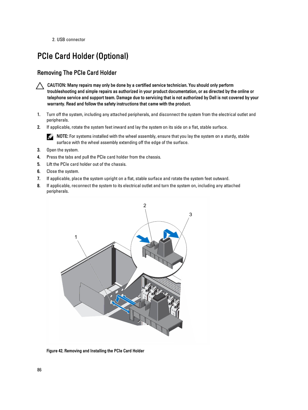 Dell T320 owner manual PCIe Card Holder Optional, Removing The PCIe Card Holder 