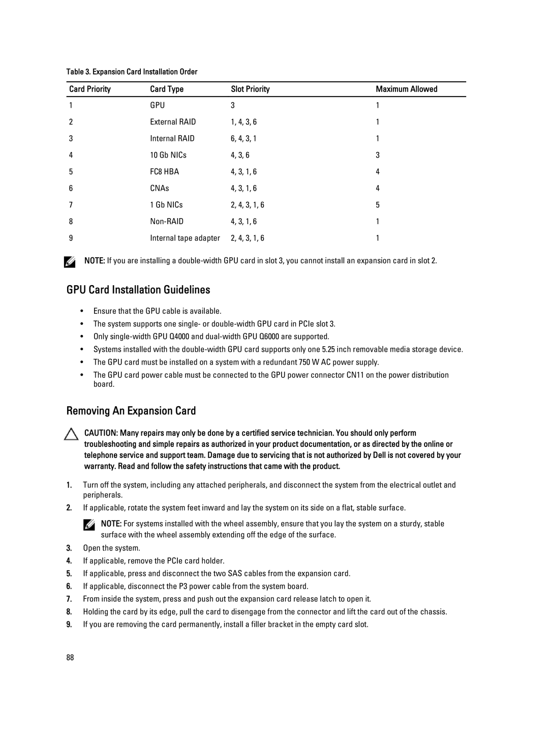 Dell T320 owner manual GPU Card Installation Guidelines, Removing An Expansion Card 