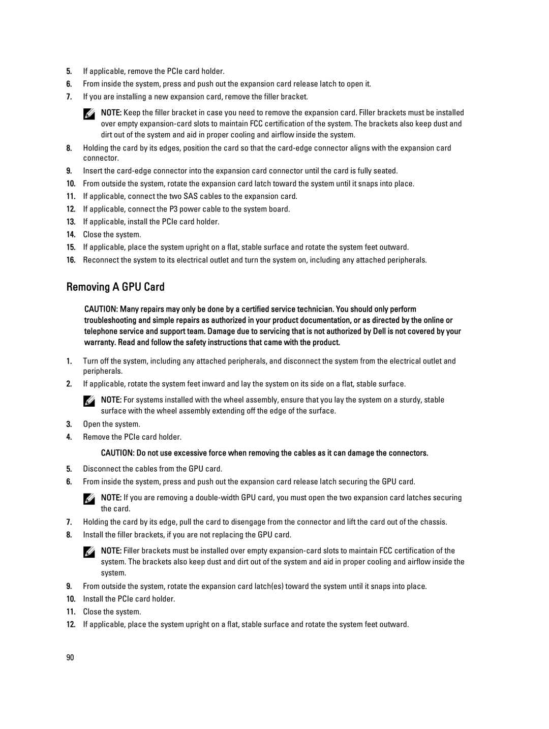 Dell T320 owner manual Removing a GPU Card 