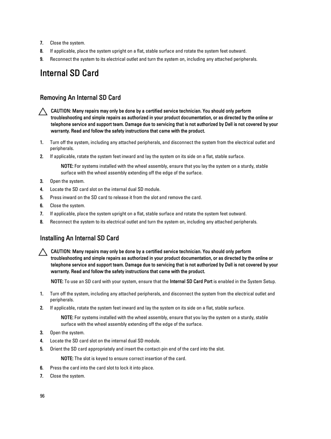 Dell T320 owner manual Removing An Internal SD Card, Installing An Internal SD Card 