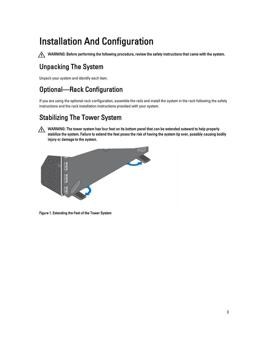 Dell T320 manual Unpacking The System, Optional-Rack Configuration, Stabilizing The Tower System 