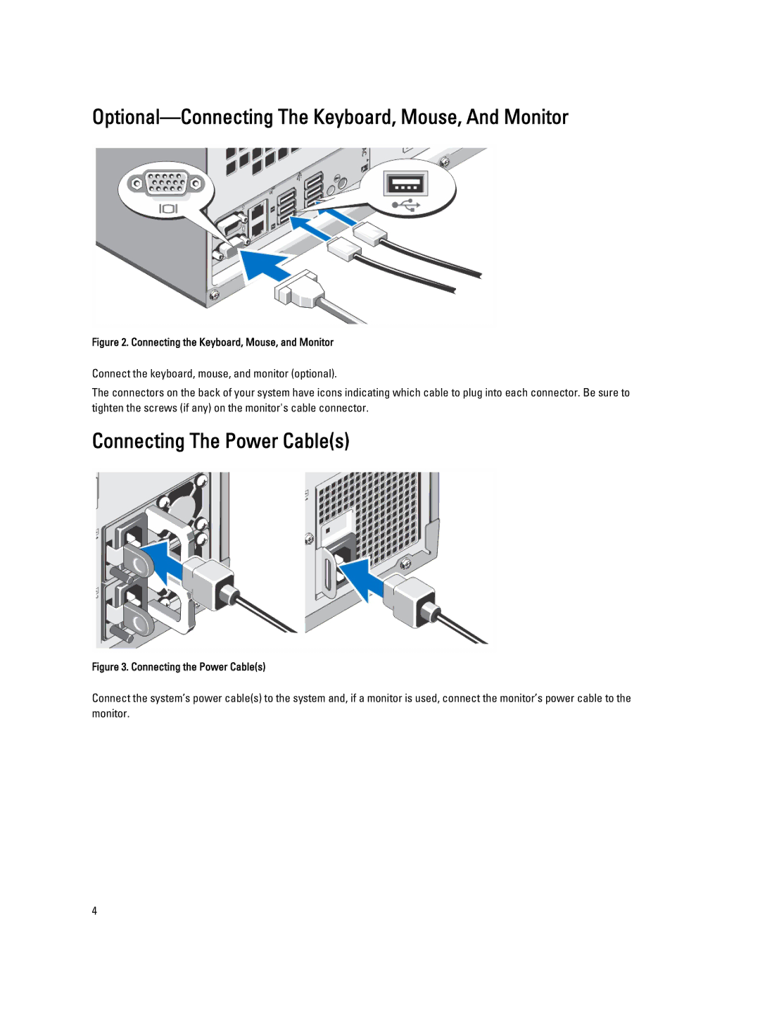 Dell T320 manual Optional-Connecting The Keyboard, Mouse, And Monitor, Connecting The Power Cables 