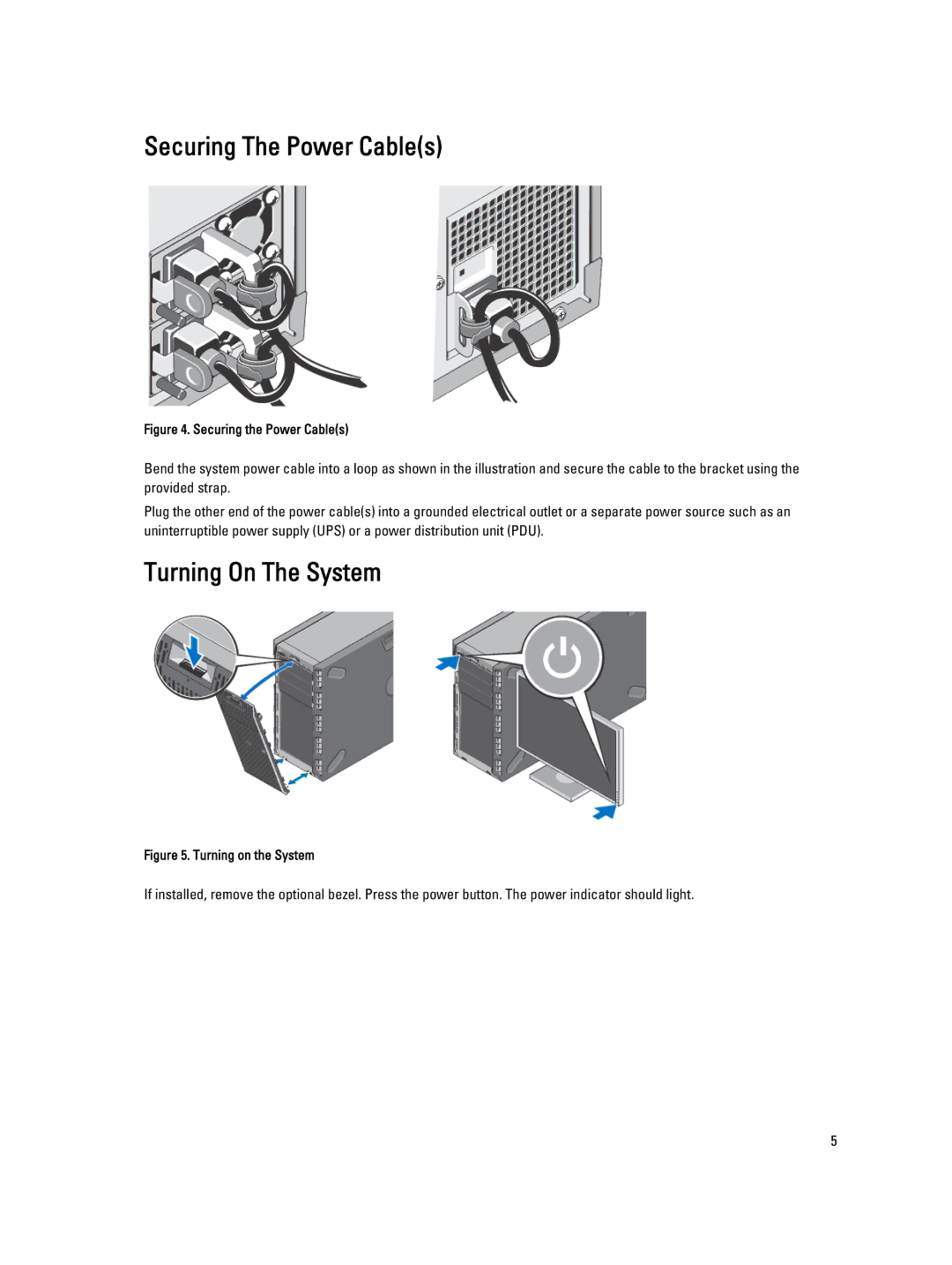 Dell T320 manual Securing The Power Cables, Turning On The System 