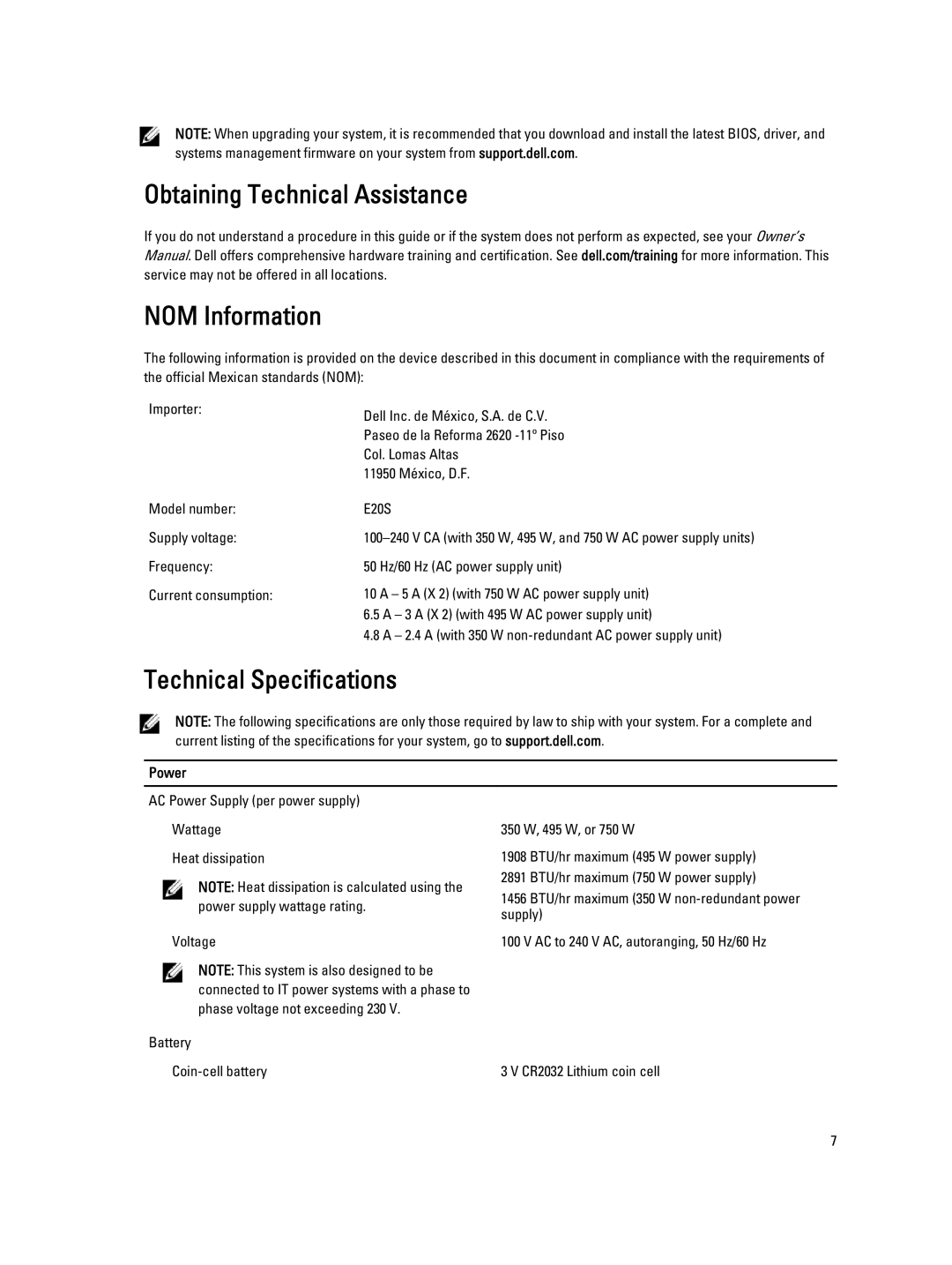 Dell T320 manual Obtaining Technical Assistance NOM Information, Technical Specifications, Power 