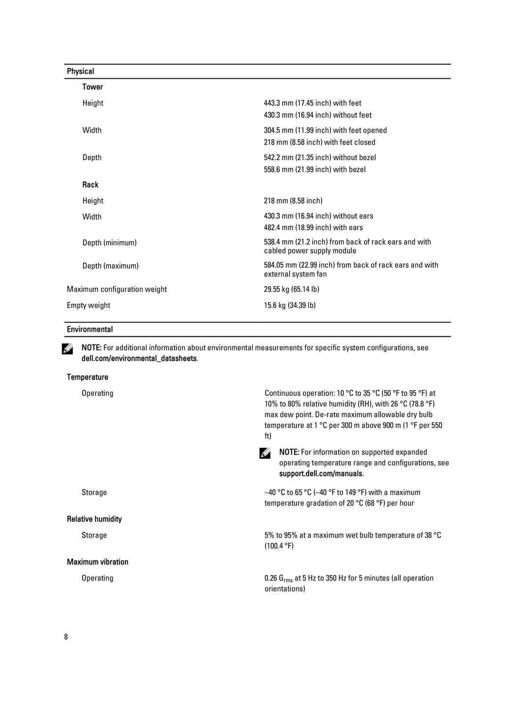 Dell T320 manual Physical Tower, Rack, Environmental Temperature, Relative humidity, Maximum vibration 