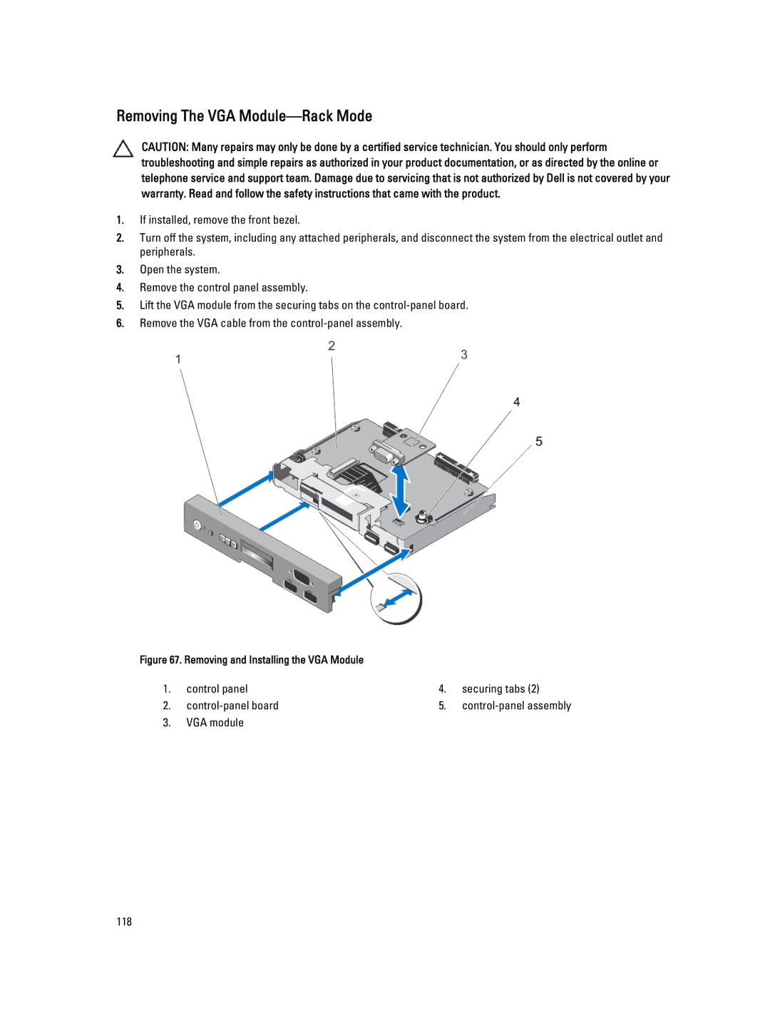 Dell T320 owner manual Removing The VGA Module-Rack Mode, Removing and Installing the VGA Module 