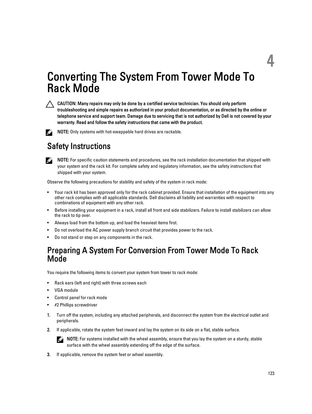 Dell T320 owner manual Converting The System From Tower Mode To Rack Mode, Safety Instructions 