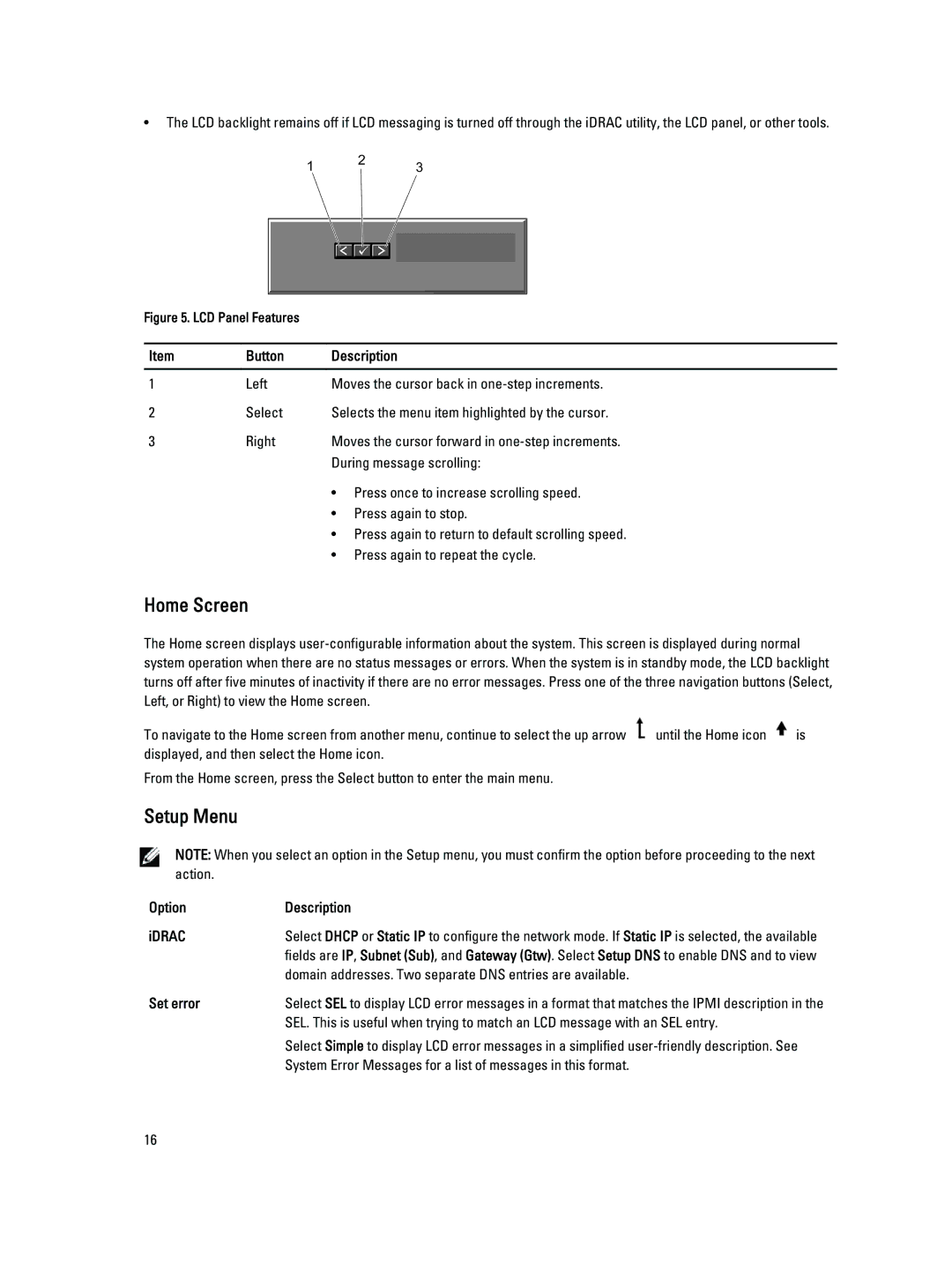 Dell T320 owner manual Home Screen, Setup Menu, Button Description, Option Description IDRAC, Set error 