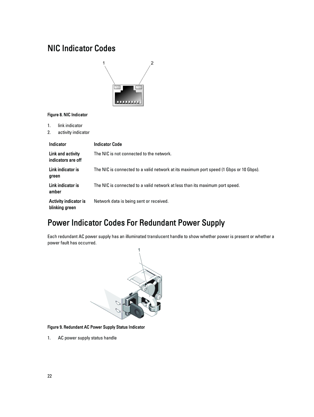 Dell T320 owner manual NIC Indicator Codes, Power Indicator Codes For Redundant Power Supply, Green Link indicator is 