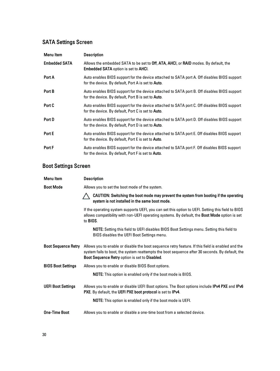 Dell T320 owner manual Sata Settings Screen, Boot Settings Screen 