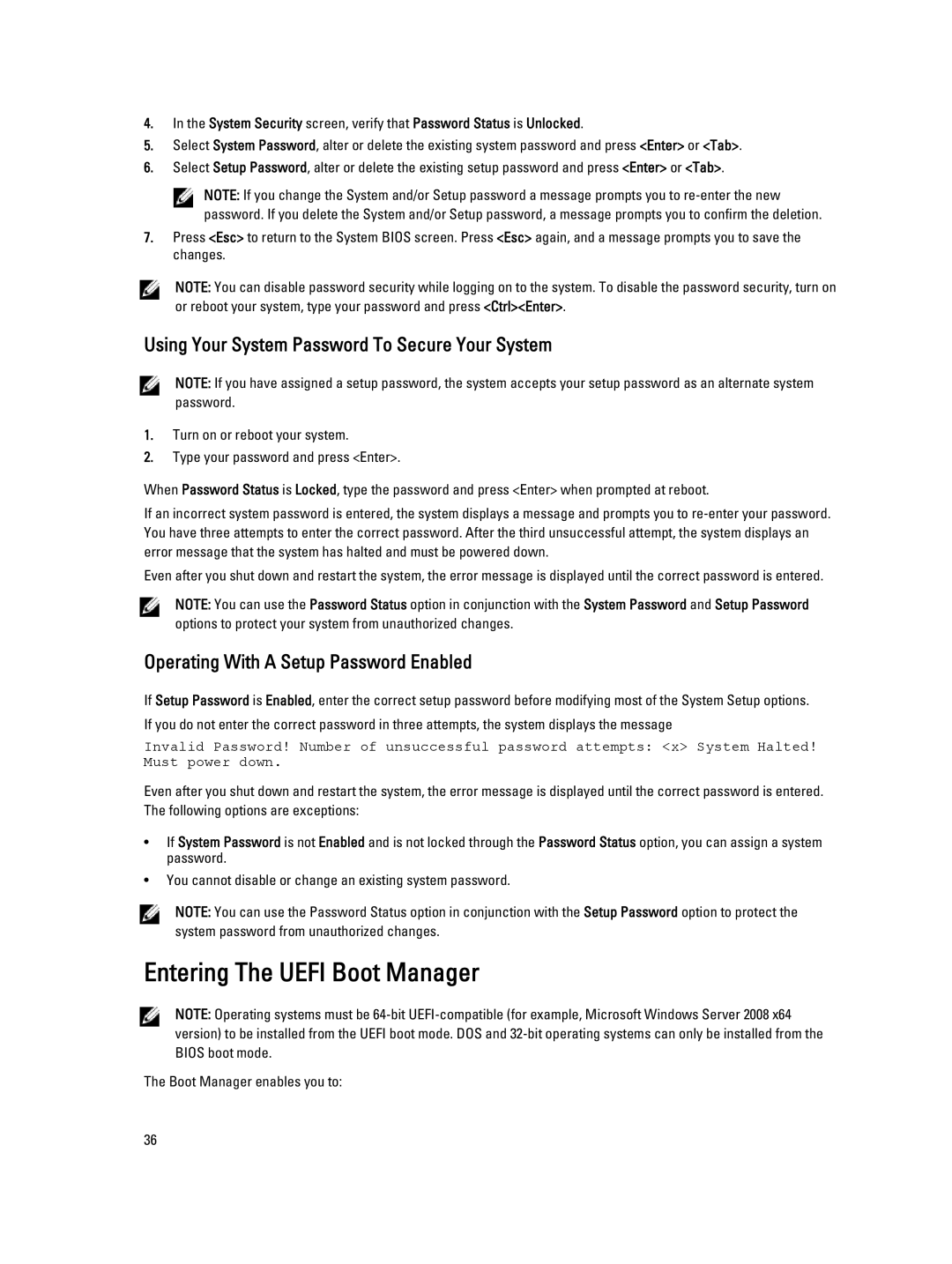 Dell T320 owner manual Entering The Uefi Boot Manager, Using Your System Password To Secure Your System 