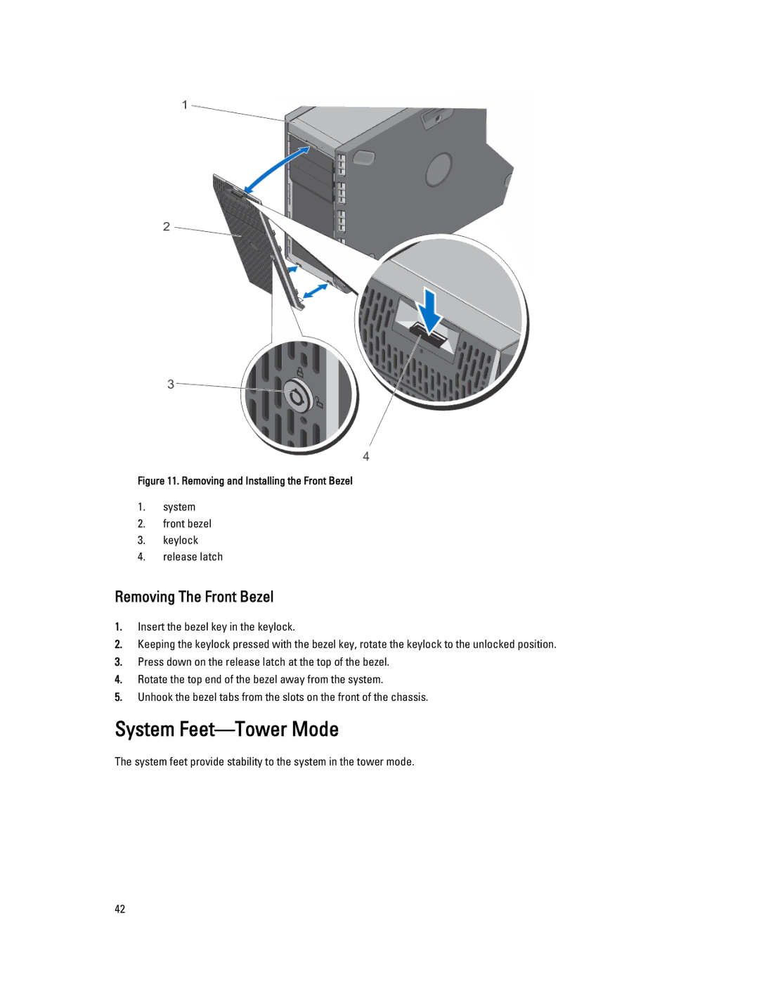 Dell T320 owner manual System Feet-Tower Mode, Removing The Front Bezel 