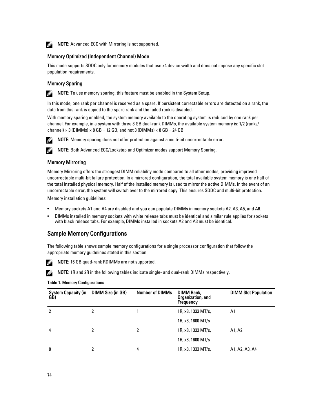 Dell T320 owner manual Sample Memory Configurations, Dimm Size in GB Number of DIMMs Dimm Rank, Organization 