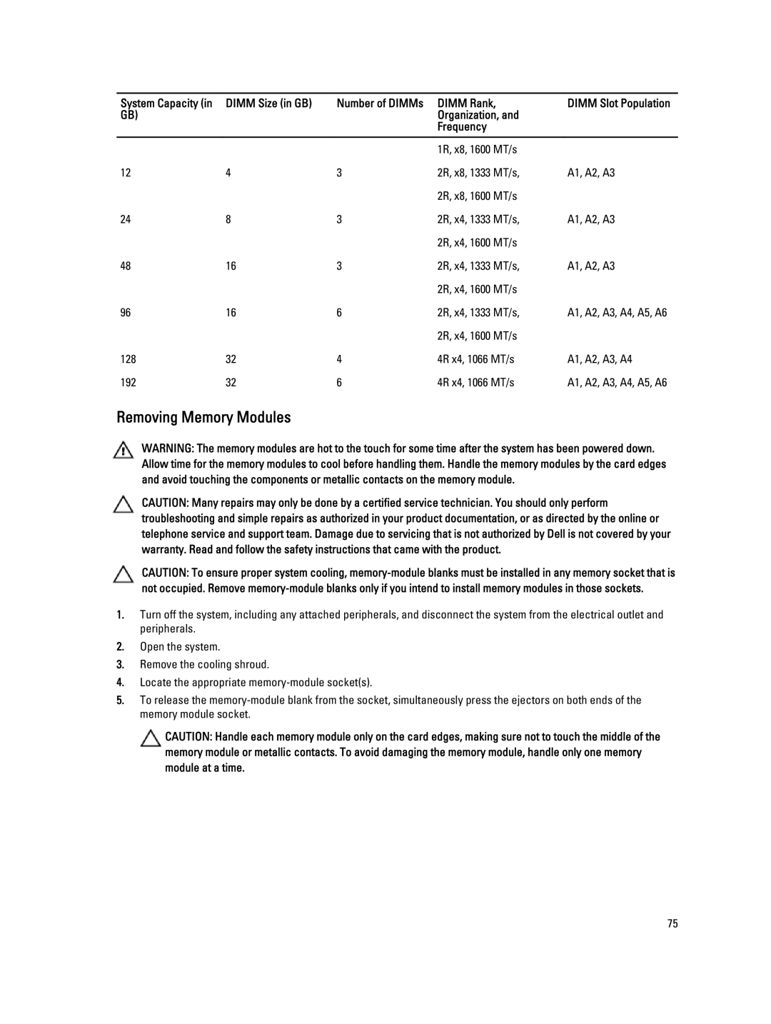 Dell T320 owner manual Removing Memory Modules 