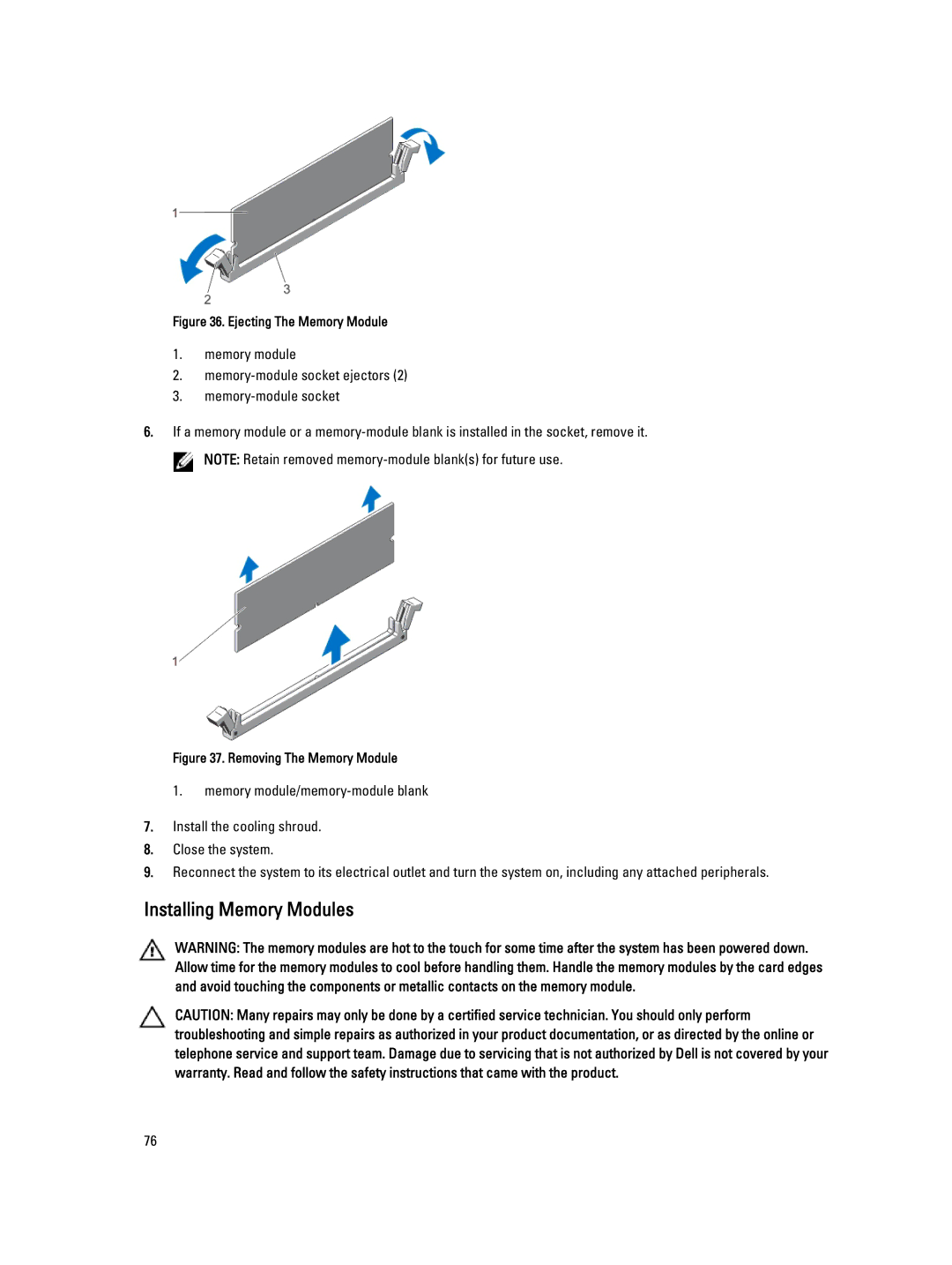 Dell T320 owner manual Installing Memory Modules, Ejecting The Memory Module 