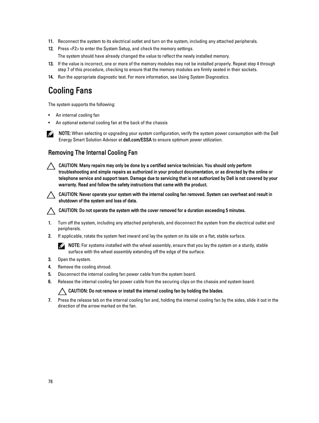 Dell T320 owner manual Cooling Fans, Removing The Internal Cooling Fan 