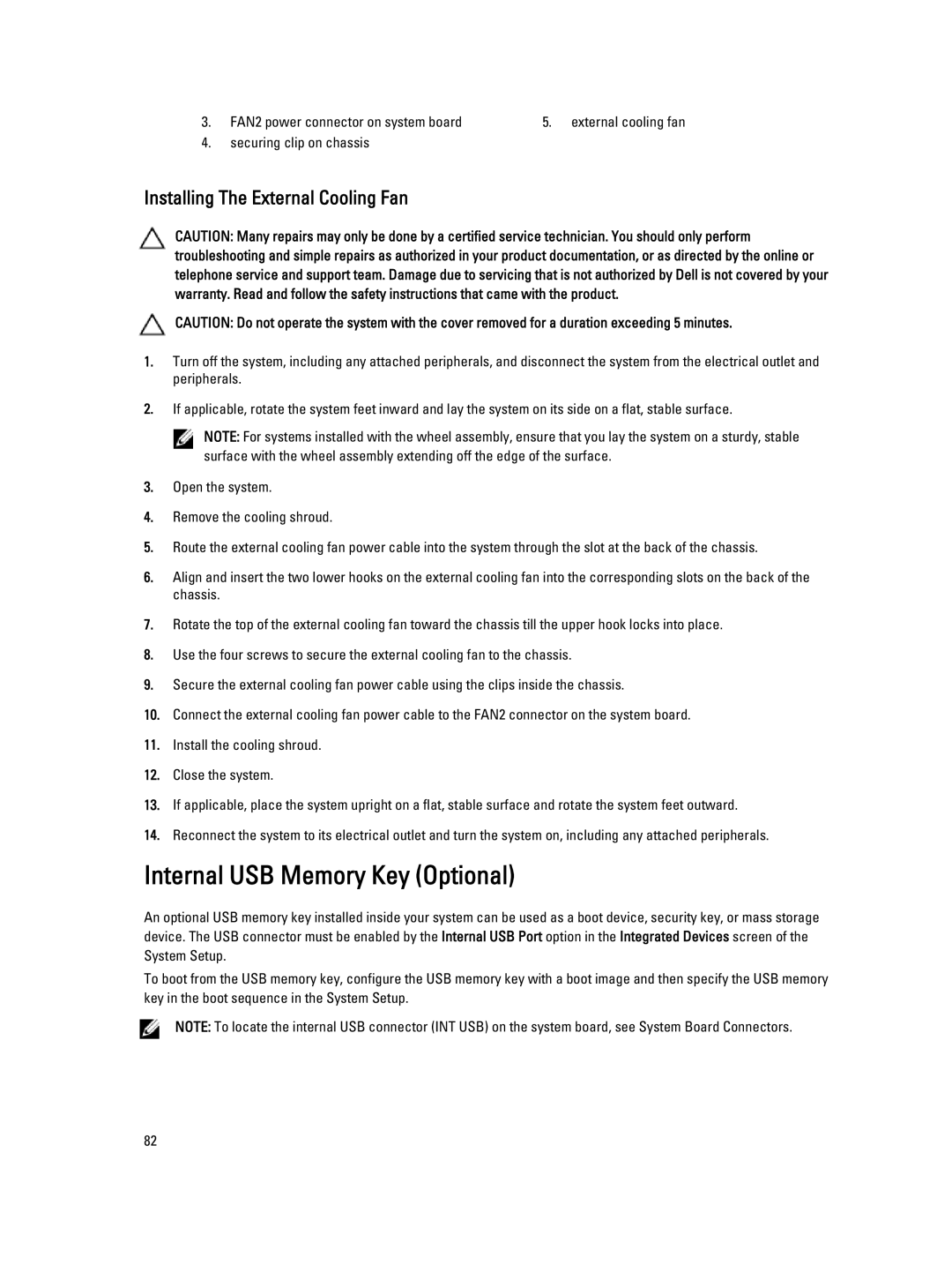 Dell T320 owner manual Internal USB Memory Key Optional, Installing The External Cooling Fan 