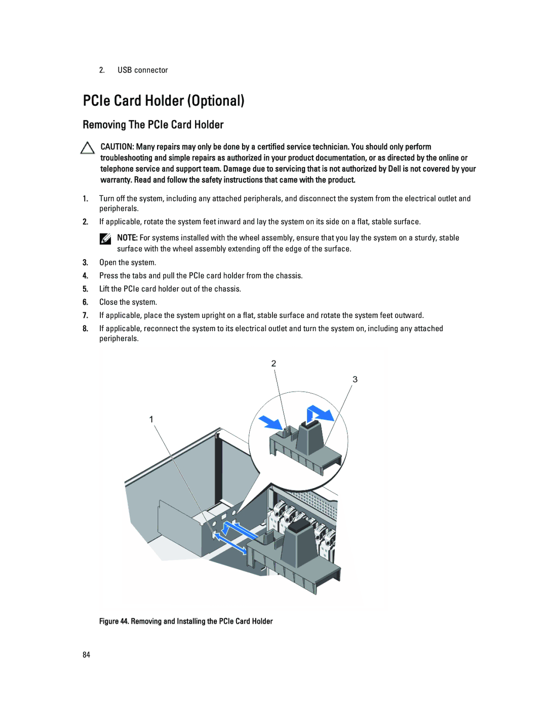 Dell T320 owner manual PCIe Card Holder Optional, Removing The PCIe Card Holder 