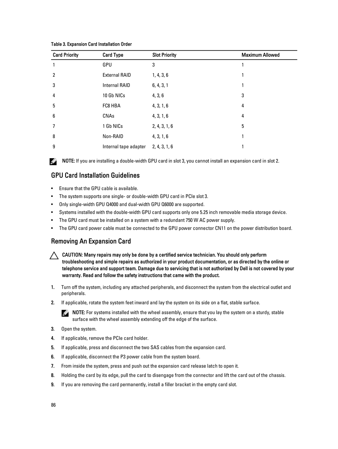 Dell T320 owner manual GPU Card Installation Guidelines, Removing An Expansion Card 