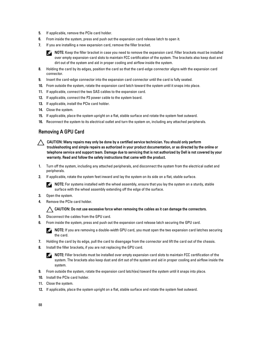 Dell T320 owner manual Removing a GPU Card 