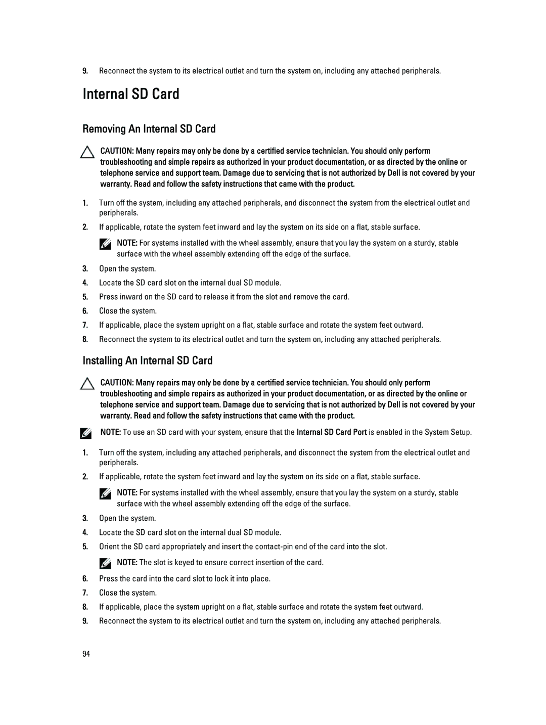 Dell T320 owner manual Removing An Internal SD Card, Installing An Internal SD Card 