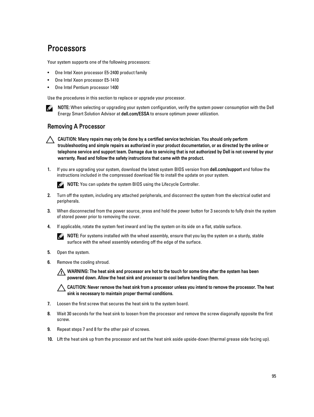 Dell T320 owner manual Processors, Removing a Processor 