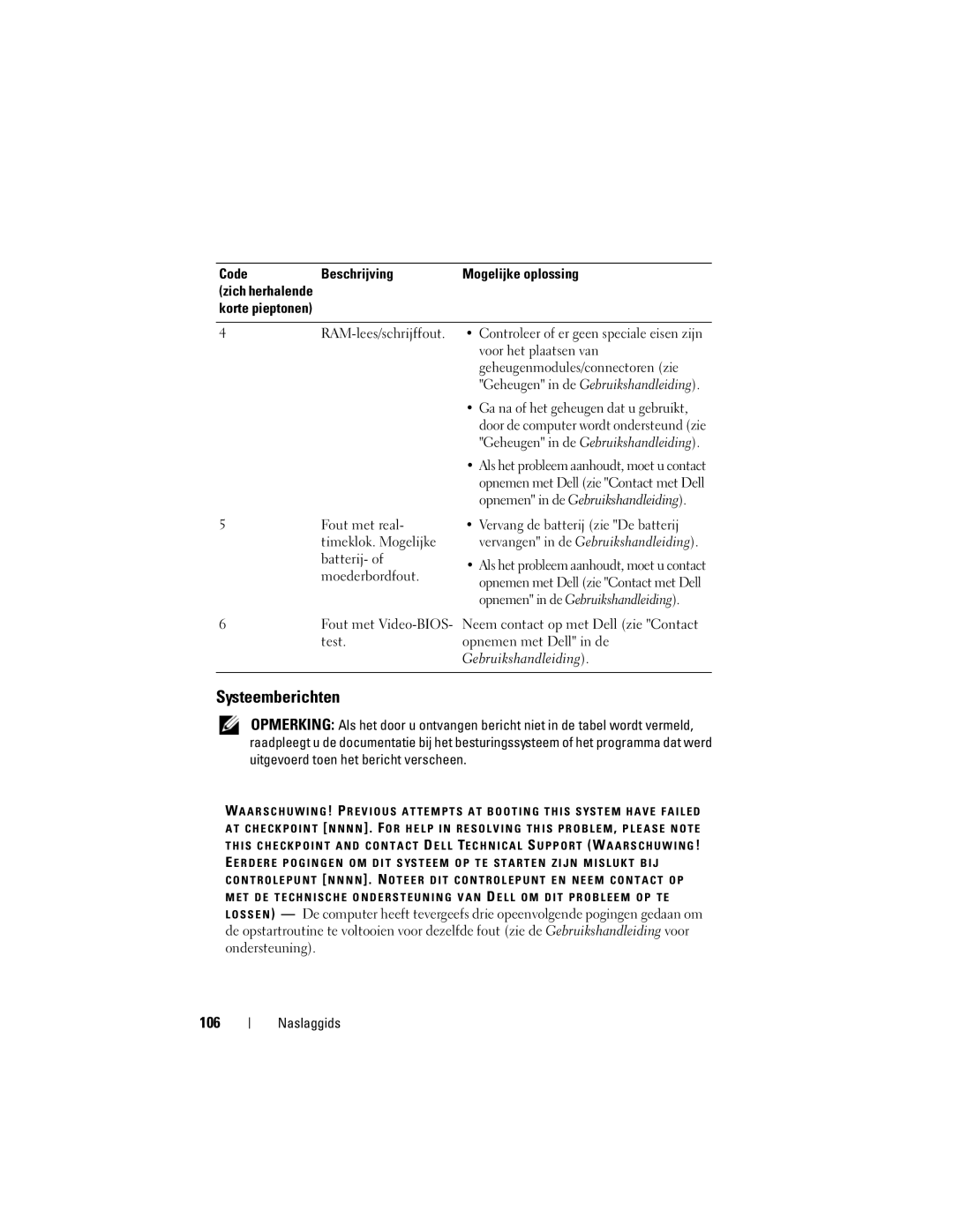 Dell T3400 manual Systeemberichten, 106 