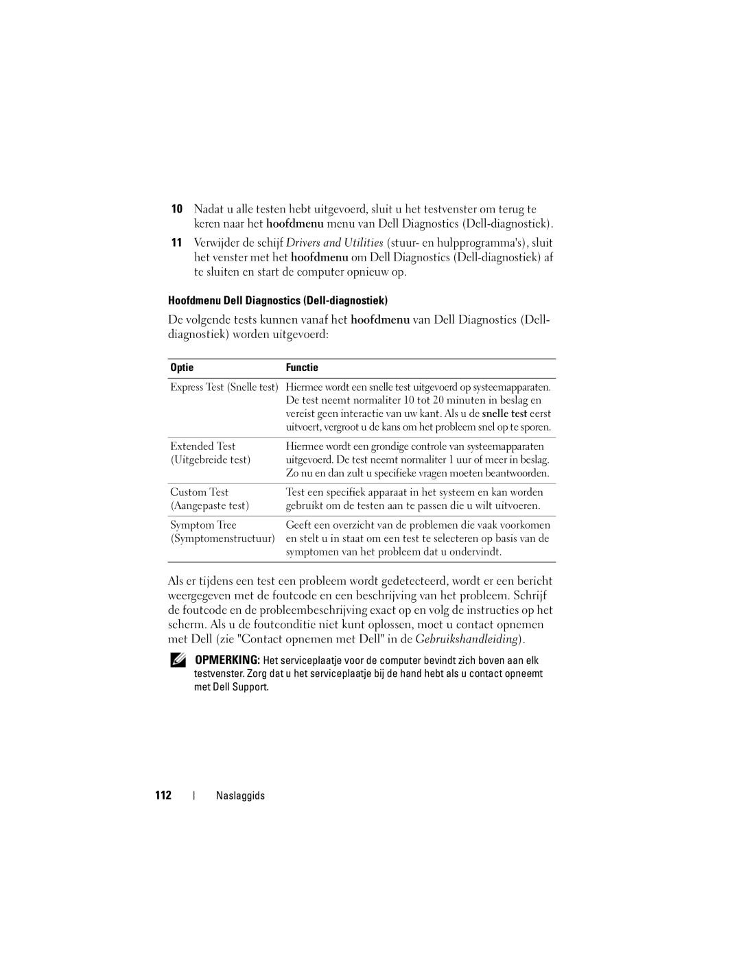 Dell T3400 manual Hoofdmenu Dell Diagnostics Dell-diagnostiek, 112, Optie Functie, Express Test Snelle test 