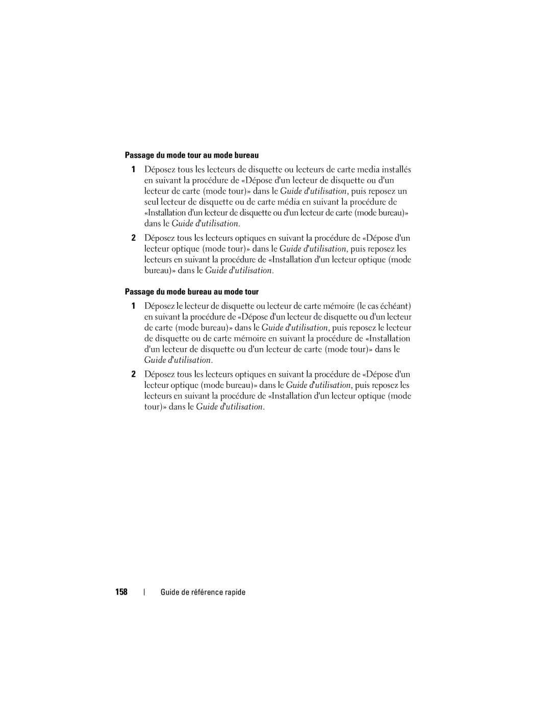 Dell T3400 manual Passage du mode tour au mode bureau, Passage du mode bureau au mode tour, 158 