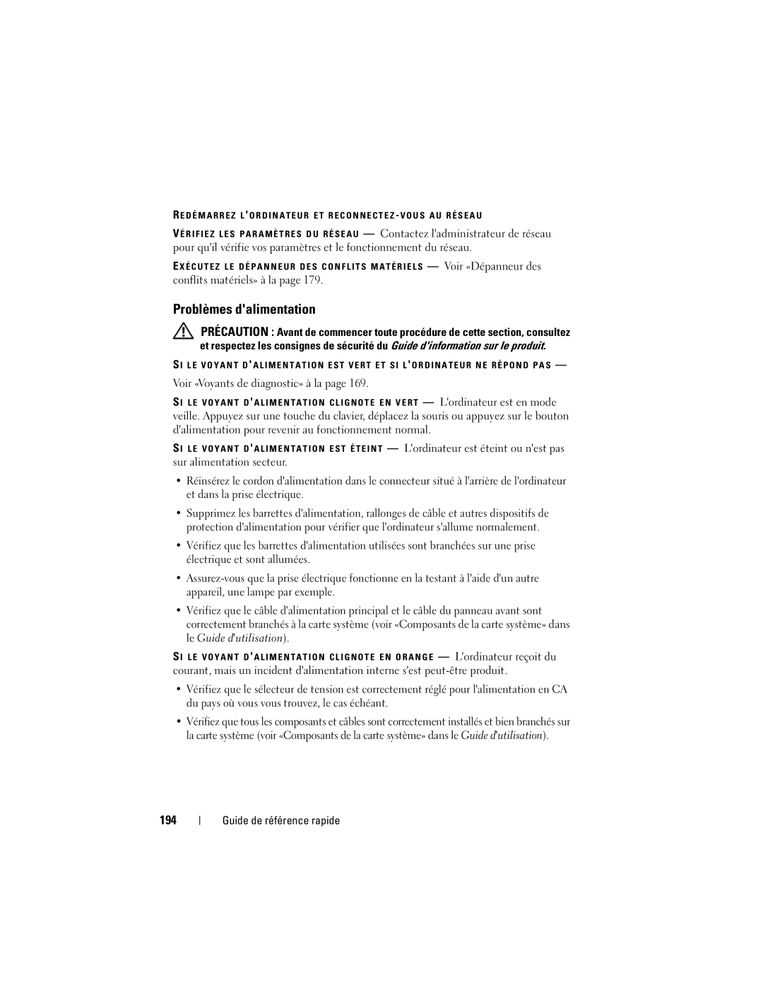 Dell T3400 manual Problèmes dalimentation, 194, Conflits matériels» à la, Voir «Voyants de diagnostic» à la 