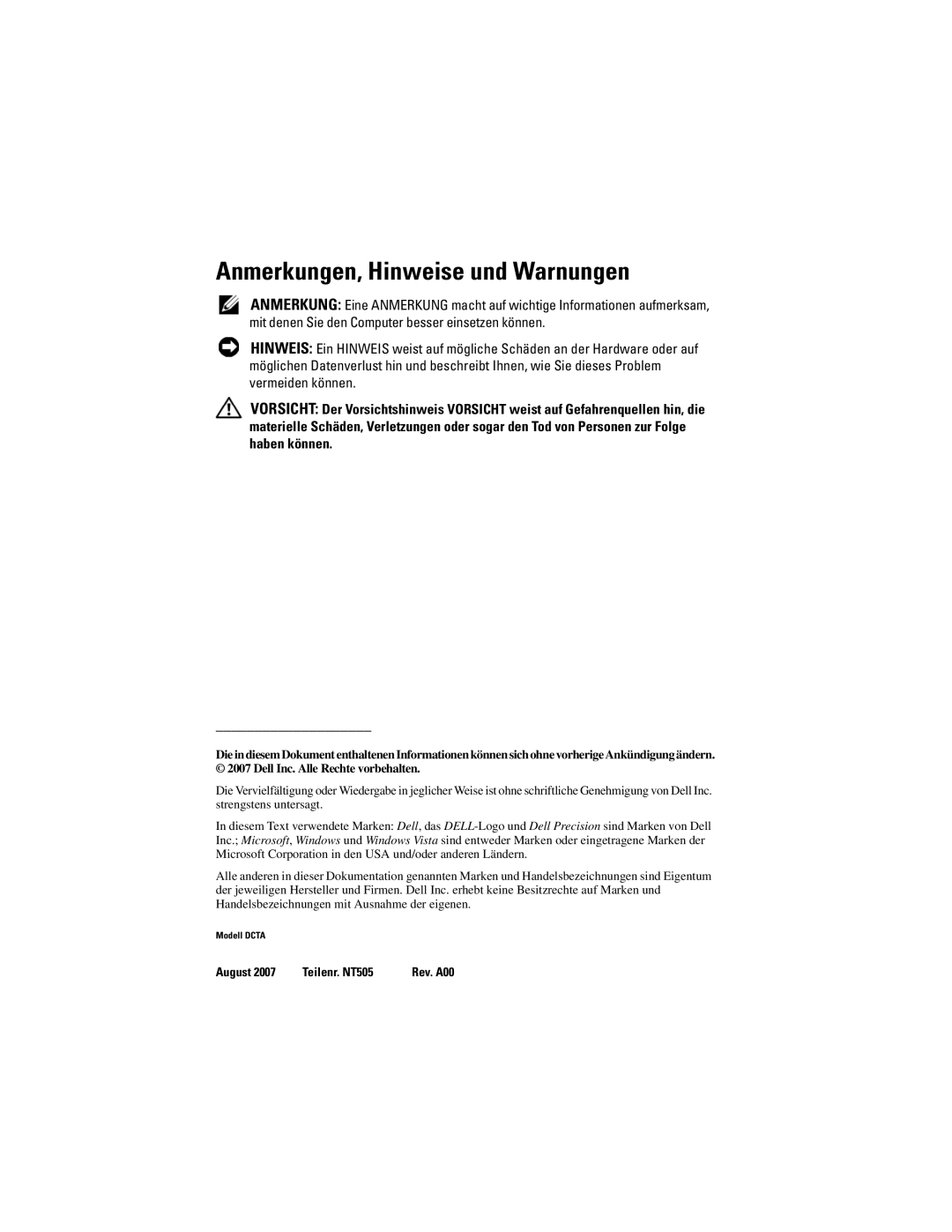 Dell T3400 manual Anmerkungen, Hinweise und Warnungen 