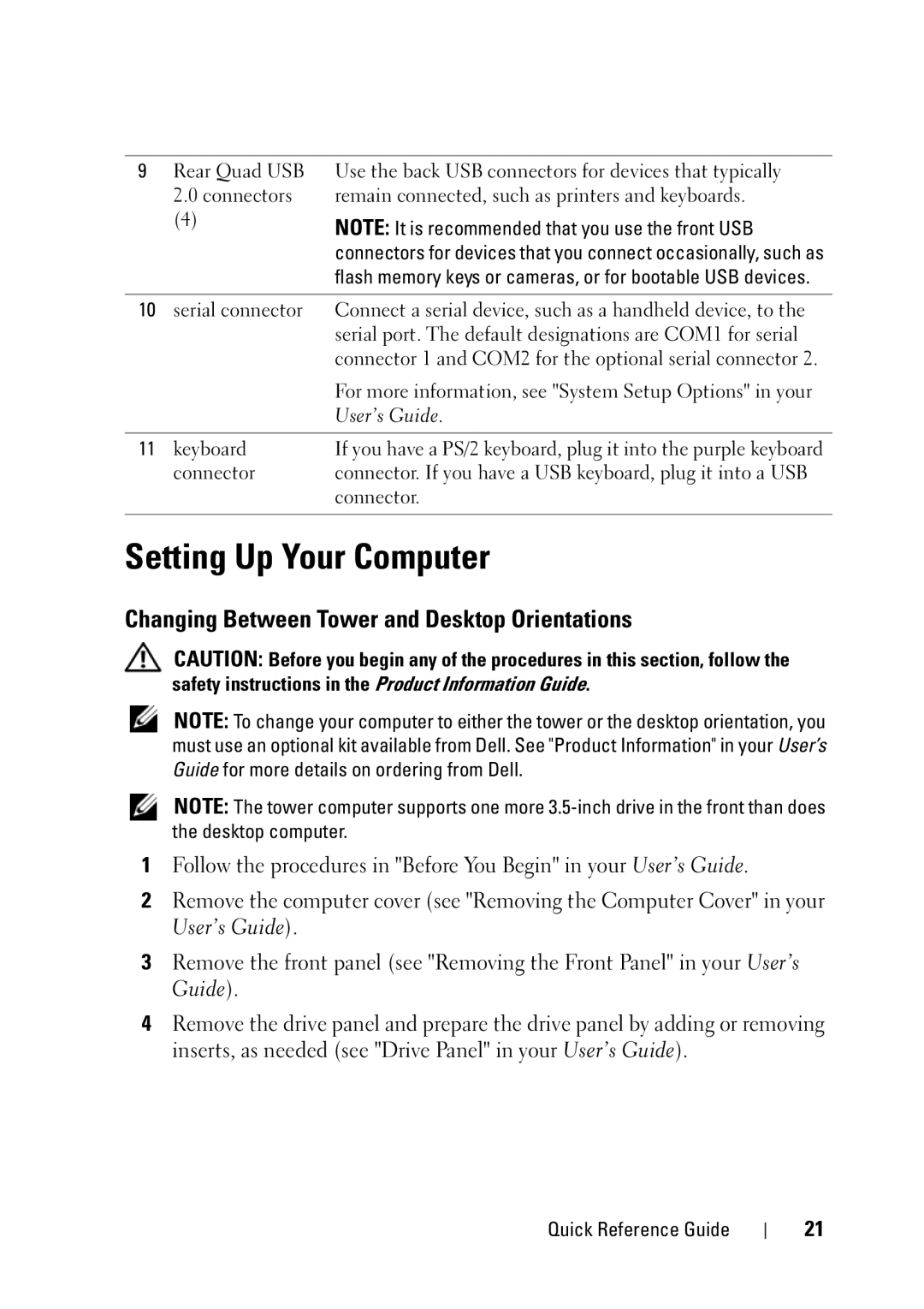 Dell T3400 manual Setting Up Your Computer, Changing Between Tower and Desktop Orientations 