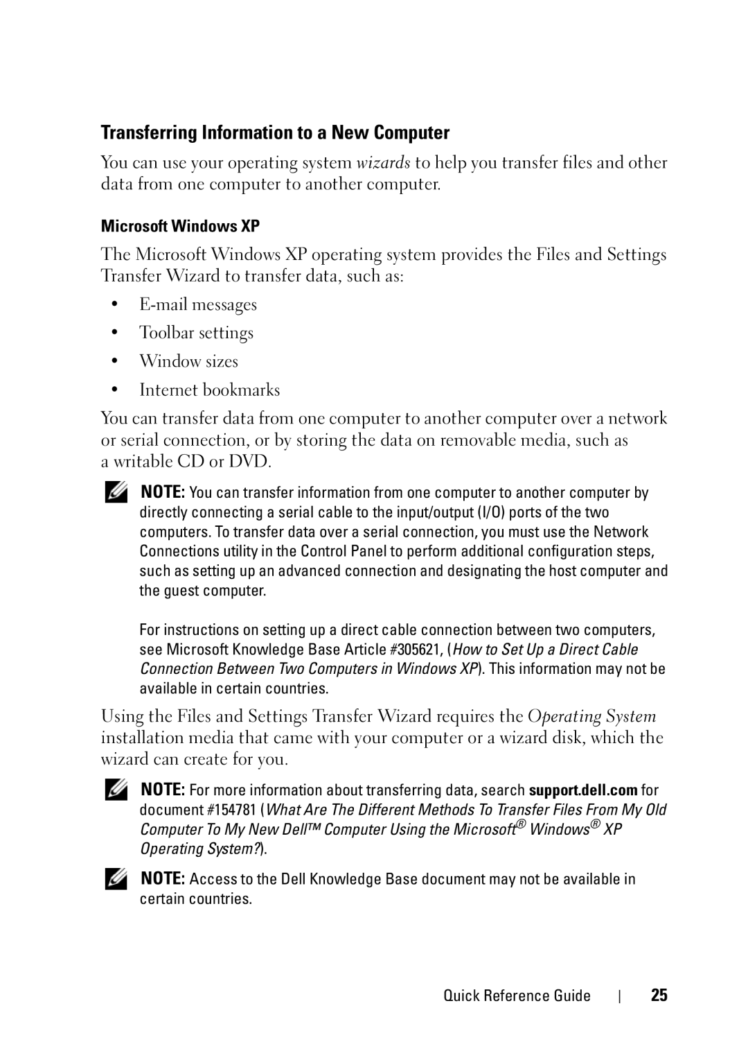 Dell T3400 manual Transferring Information to a New Computer, Microsoft Windows XP 